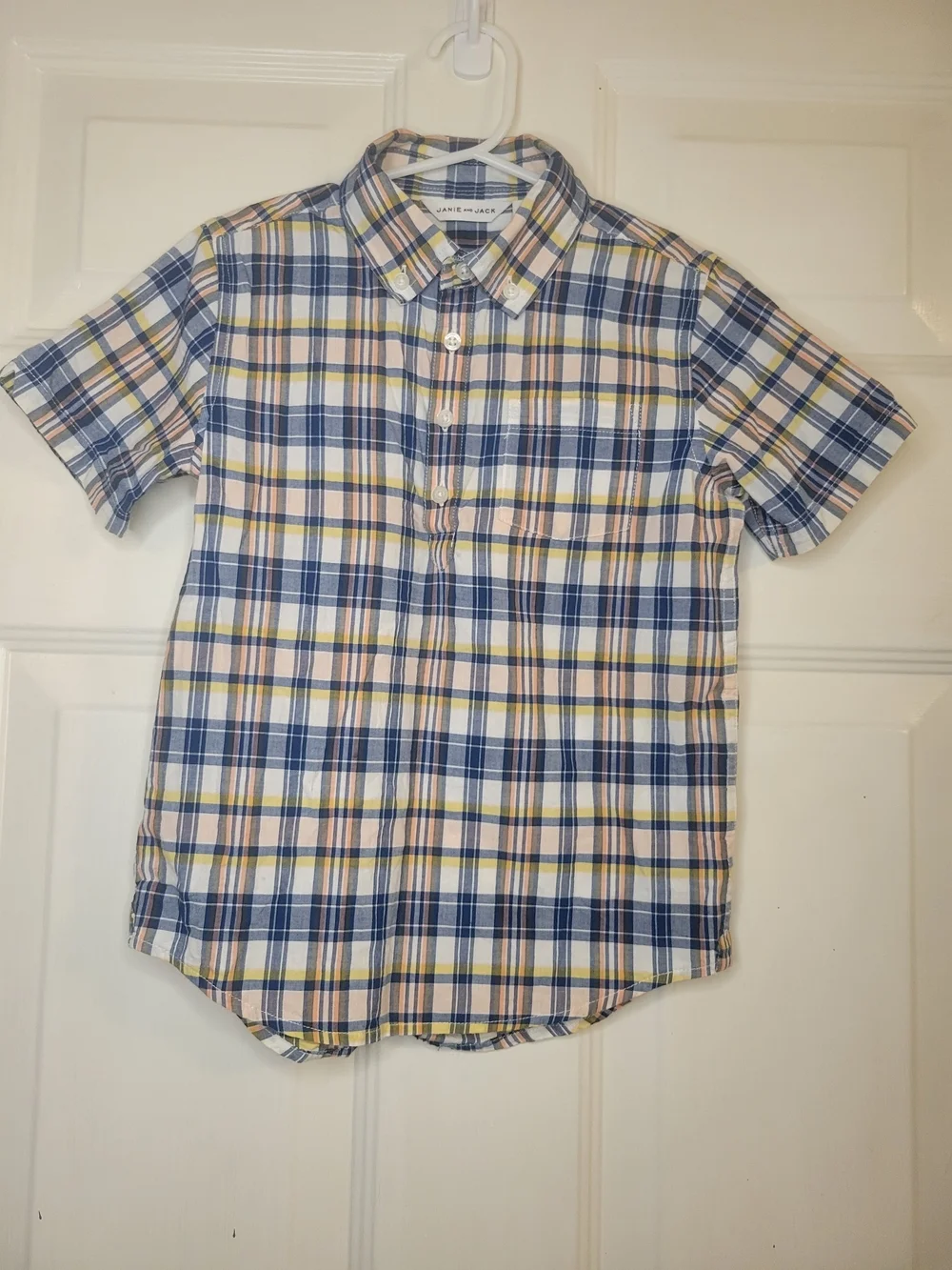 Janie and Jack Boys' Short-Sleeve Plaid Button-Down Shirt - Navy/Yellow/Pink - Picture 4 of 6